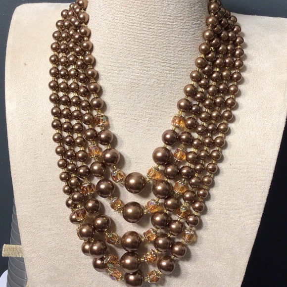 Vintage Japan Multi-Strand Bronze glass faux pearl Beaded Necklace - Picture 1 of 8